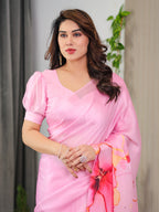 Blush Pink Satin Georgette Abstract Floral Printed Saree with Attached Blouse – Soft Pastel Designer Saree for Festive & Elegant Wear