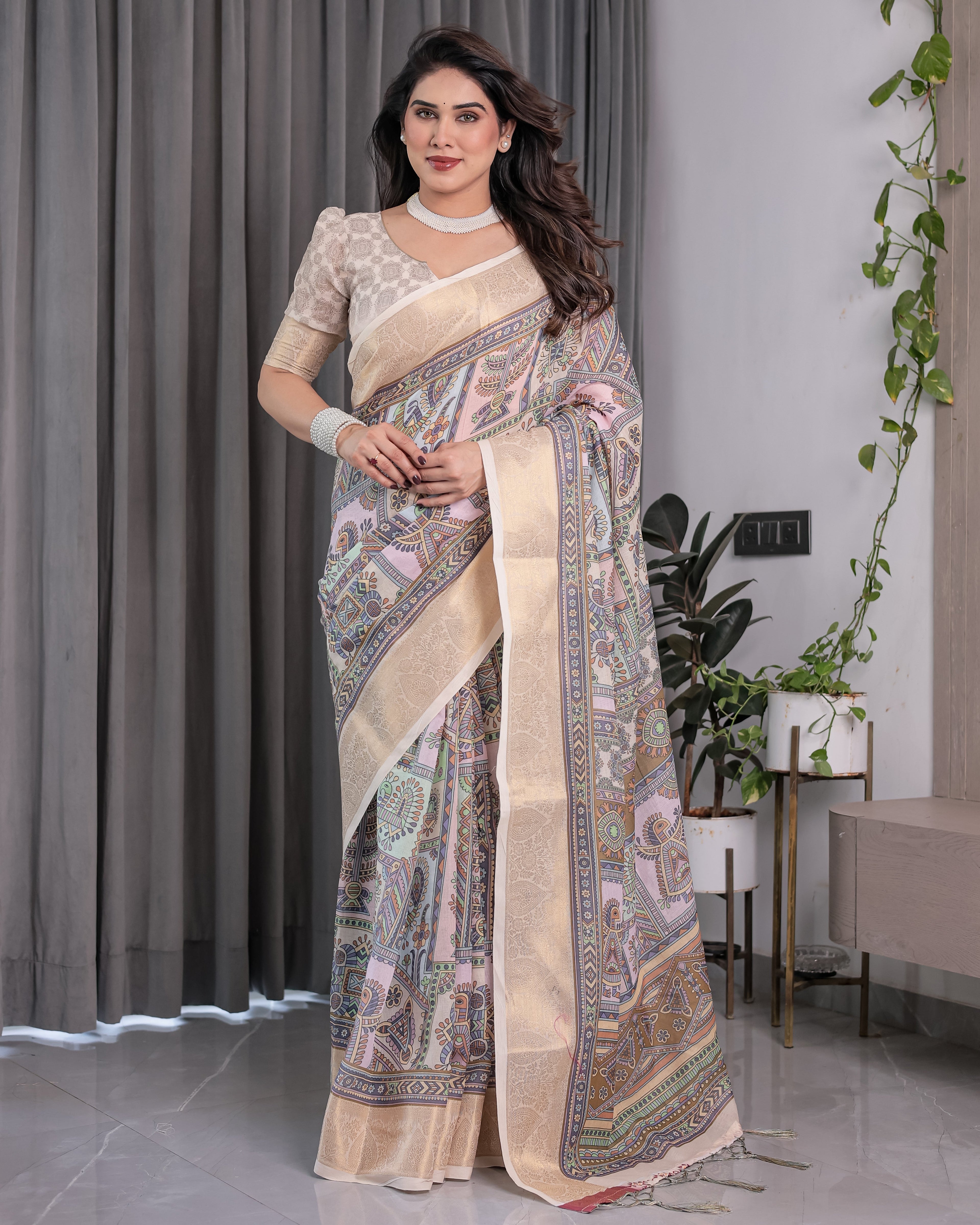 Beige Handloom Linen Saree with Tribal & Peacock Multicolor Digital Print | Traditional Art Pallu with Zari Border | 5.5m Saree + 0.8m Blouse