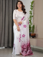 Pearl White Satin Georgette Ombre Floral Printed Saree with Attached Blouse – Elegant Rose Print Designer Saree for Festive & Party Wear