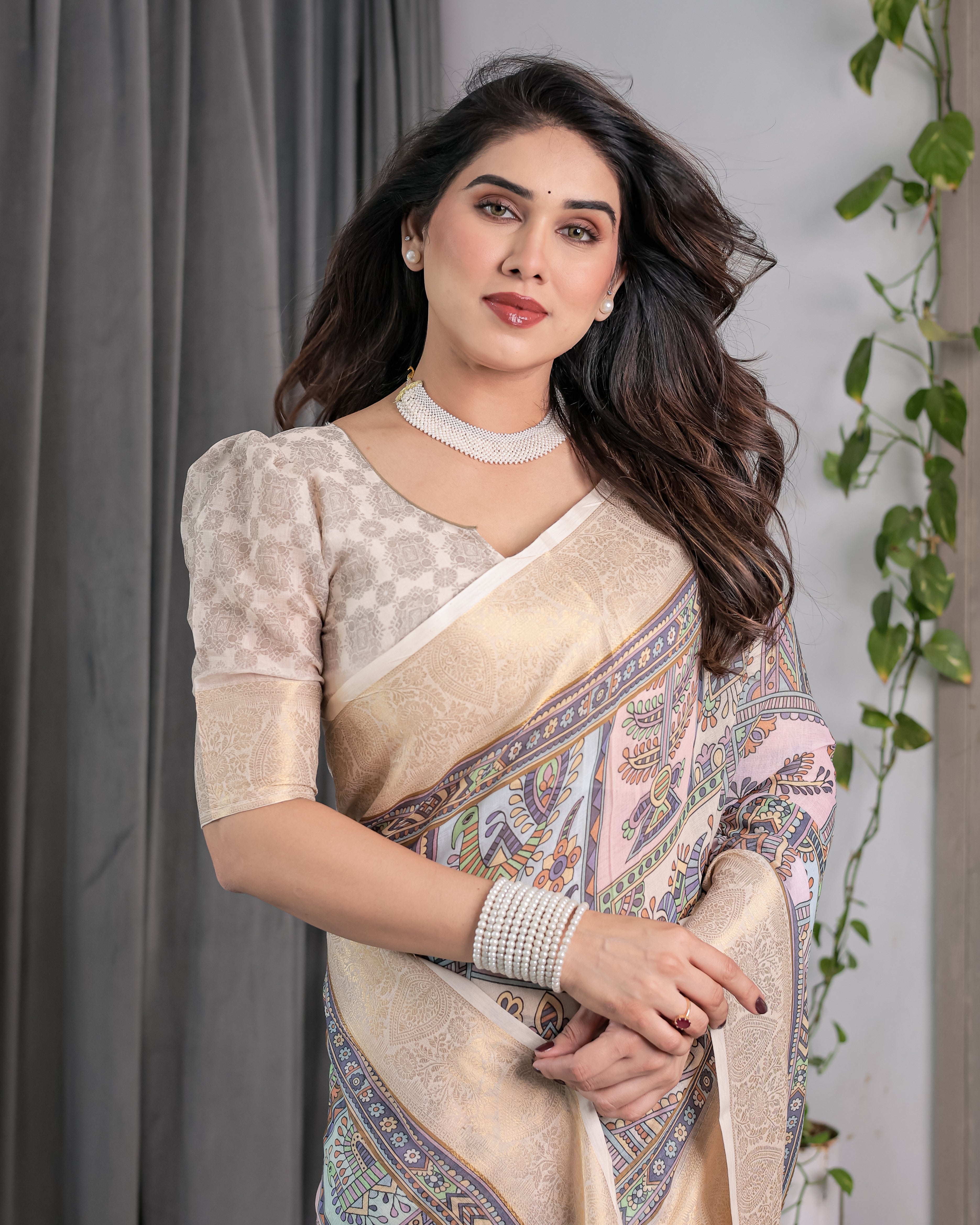 Beige Handloom Linen Saree with Tribal & Peacock Multicolor Digital Print | Traditional Art Pallu with Zari Border | 5.5m Saree + 0.8m Blouse