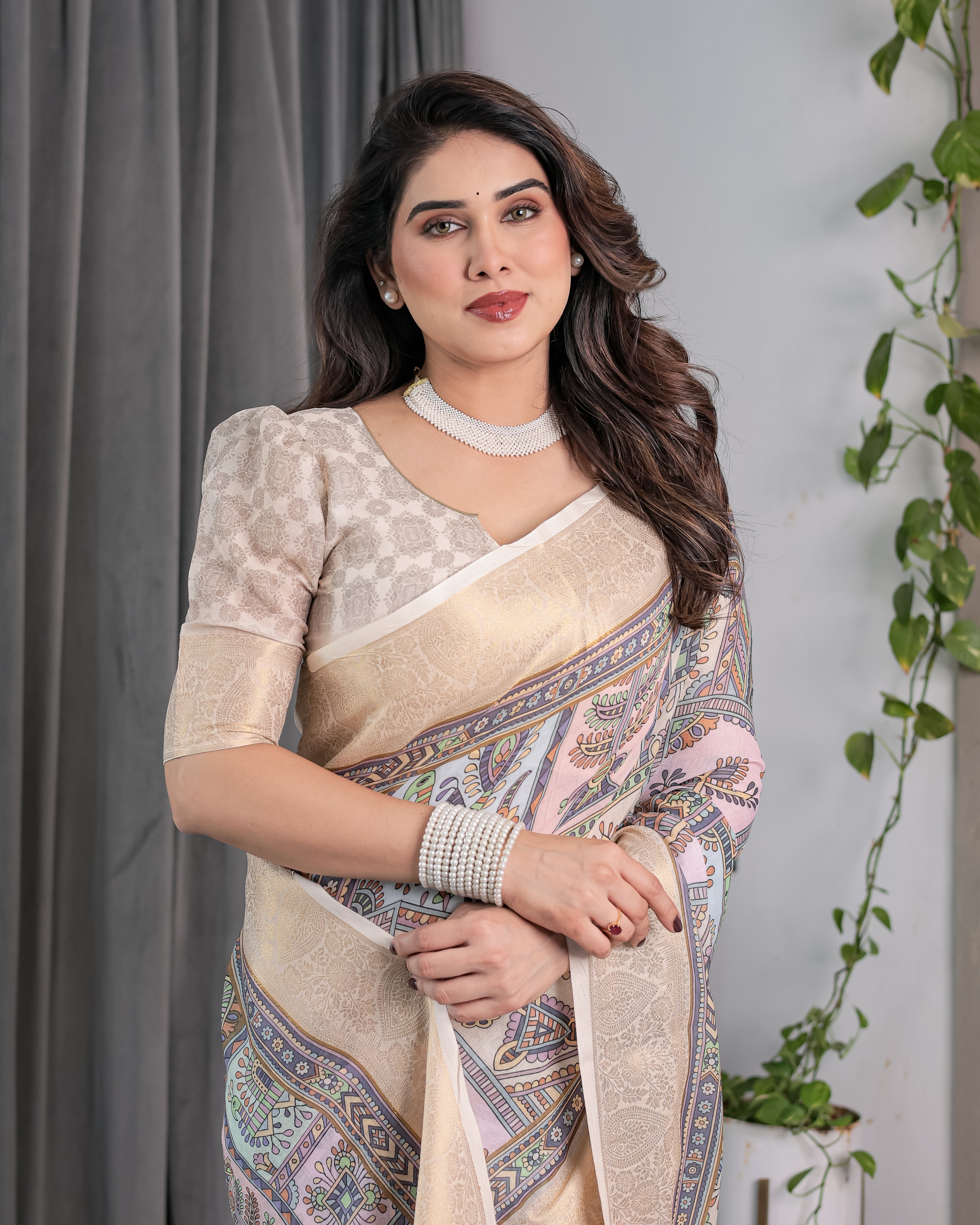 Beige Handloom Linen Saree with Tribal & Peacock Multicolor Digital Print | Traditional Art Pallu with Zari Border | 5.5m Saree + 0.8m Blouse