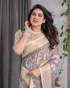 Beige Handloom Linen Saree with Tribal & Peacock Multicolor Digital Print | Traditional Art Pallu with Zari Border | 5.5m Saree + 0.8m Blouse