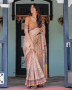 Beige & Maroon Handloom Cotton Saree with Floral Vine Print & Mythical Madhubani Cow Pallu