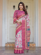 Off-White & Rani Pink Handloom Cotton Leaf Printed Saree with Zari Border & Tassels – Traditional Ethnic Wear