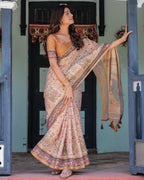 Beige & Maroon Handloom Cotton Saree with Floral Vine Print & Mythical Madhubani Cow Pallu