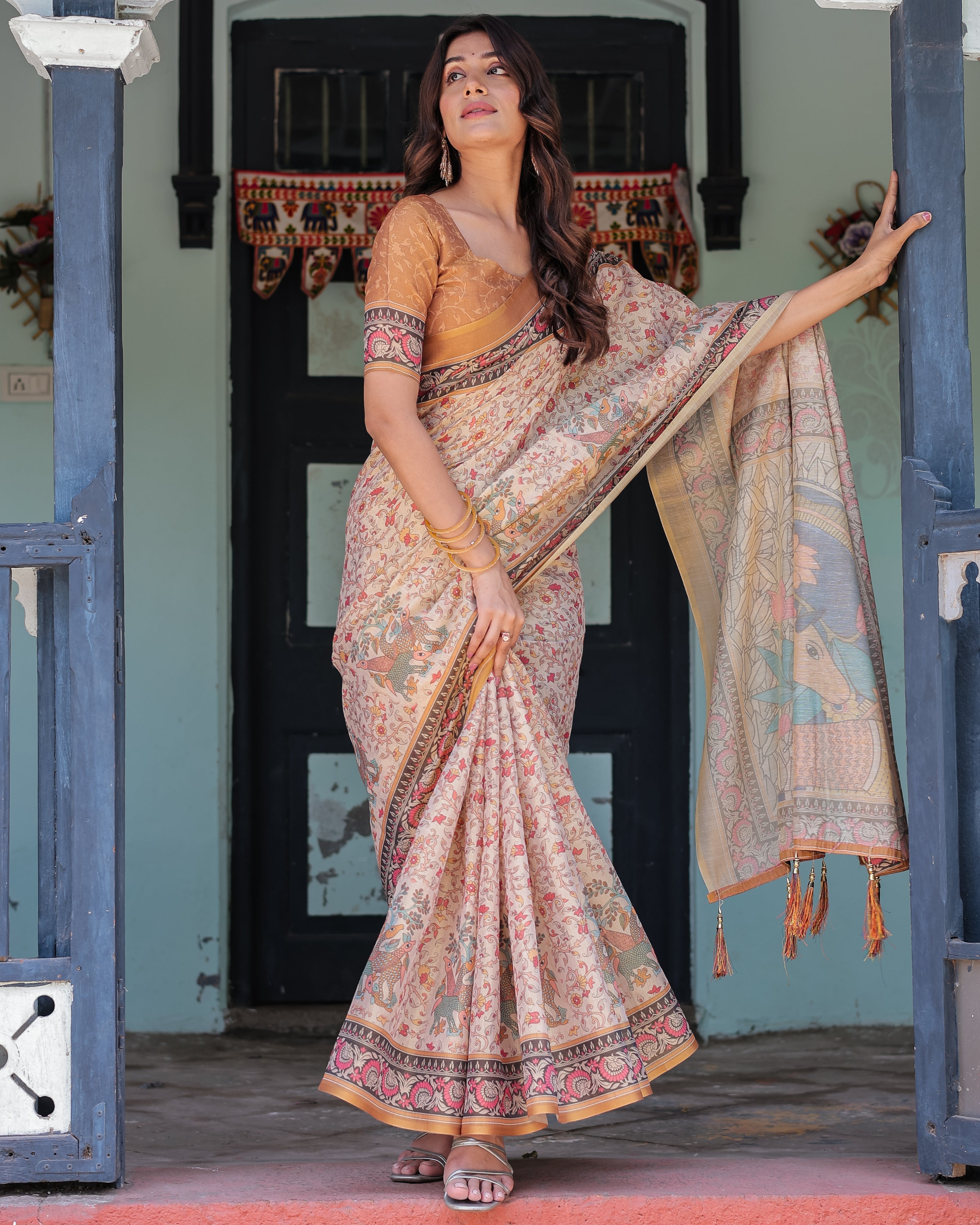 Beige & Maroon Handloom Cotton Saree with Floral Vine Print & Mythical Madhubani Cow Pallu