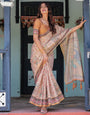 Beige & Maroon Handloom Cotton Saree with Floral Vine Print & Mythical Madhubani Cow Pallu