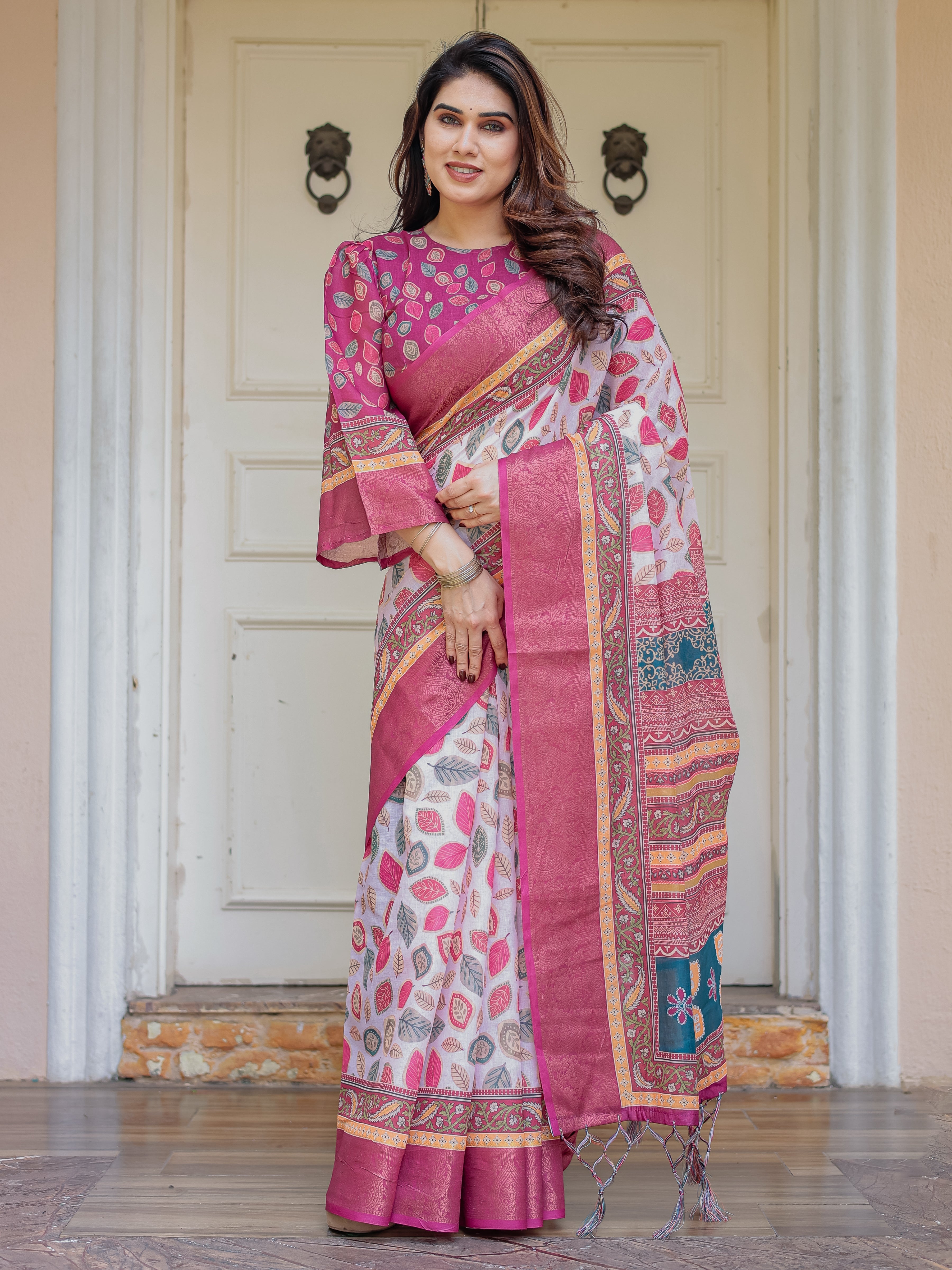 Off-White & Rani Pink Handloom Cotton Leaf Printed Saree with Zari Border & Tassels – Traditional Ethnic Wear