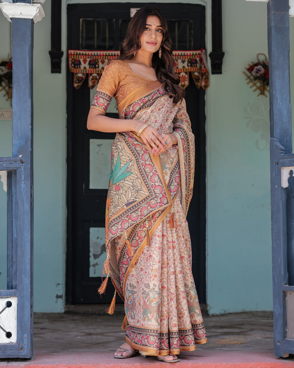 Beige & Maroon Handloom Cotton Saree with Floral Vine Print & Mythical Madhubani Cow Pallu