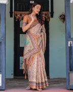 Beige & Maroon Handloom Cotton Saree with Floral Vine Print & Mythical Madhubani Cow Pallu