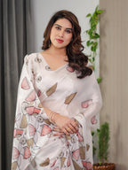 Peach Satin Georgette Floral Digital Printed Saree with Attached Blouse – Elegant Lightweight Saree