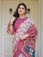 Off-White & Rani Pink Handloom Cotton Leaf Printed Saree with Zari Border & Tassels – Traditional Ethnic Wear