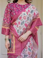 Off-White & Rani Pink Handloom Cotton Leaf Printed Saree with Zari Border & Tassels – Traditional Ethnic Wear