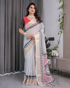 Ivory Handloom Linen Saree with Black & Red Geometric Tribal Print and Zari Border | Bold Ethnic Drape | 5.5m Saree + 0.8m Blouse