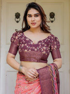 Peach Coral & Maroon Handloom Cotton Floral Printed Saree with Zari Border & Tassels – Festive Traditional Wear