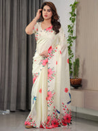Ivory Cream Satin Georgette Floral & Bird Printed Saree with Attached Blouse – Elegant Nature-Inspired Designer Saree
