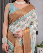 Ivory Handloom Linen Saree with Aqua Blue Mandala Motifs & Copper Zari Border | Artistic Printed Pallu & Tassels | 5.5m Saree + 0.8m Blouse