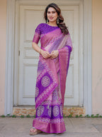 Royal Purple & Rani Pink Dual Tone Silk Saree with Gold Zari Circular Motifs, Striped Pallu & Tassels – Festive Traditional Wear