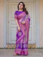 Royal Purple & Rani Pink Dual Tone Silk Saree with Gold Zari Circular Motifs, Striped Pallu & Tassels – Festive Traditional Wear