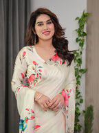 Ivory Cream Satin Georgette Floral & Bird Printed Saree with Attached Blouse – Elegant Nature-Inspired Designer Saree