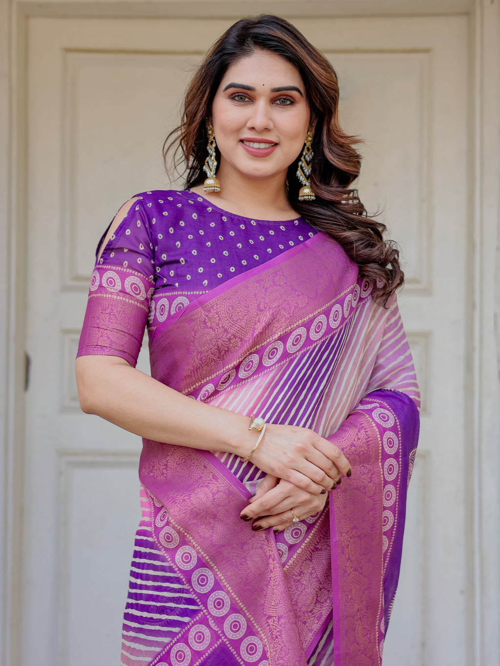 Royal Purple & Rani Pink Dual Tone Silk Saree with Gold Zari Circular Motifs, Striped Pallu & Tassels – Festive Traditional Wear