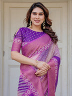 Royal Purple & Rani Pink Dual Tone Silk Saree with Gold Zari Circular Motifs, Striped Pallu & Tassels – Festive Traditional Wear