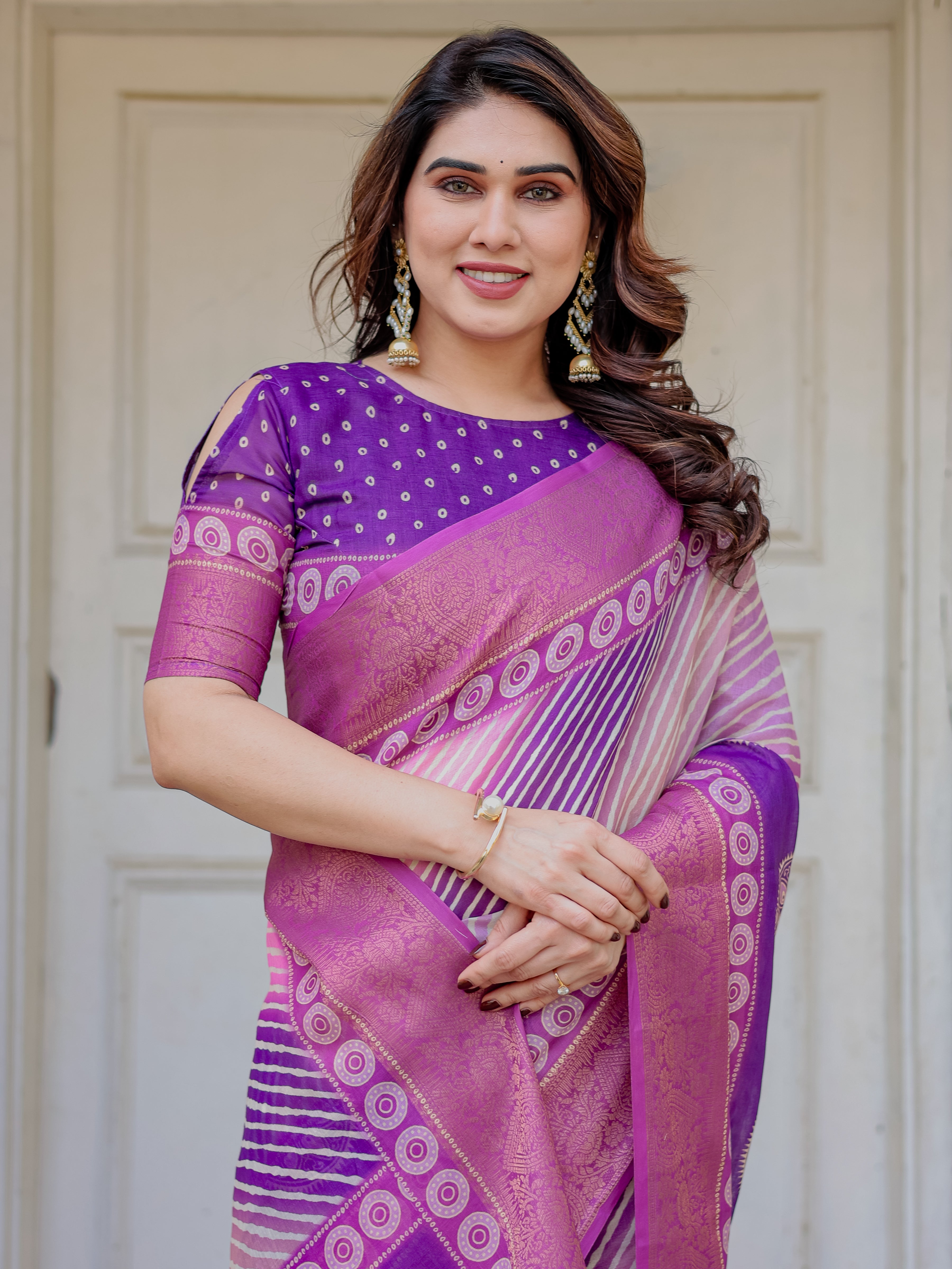 Royal Purple & Rani Pink Dual Tone Silk Saree with Gold Zari Circular Motifs, Striped Pallu & Tassels – Festive Traditional Wear