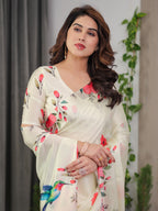 Ivory Cream Satin Georgette Floral & Bird Printed Saree with Attached Blouse – Elegant Nature-Inspired Designer Saree