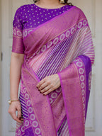 Royal Purple & Rani Pink Dual Tone Silk Saree with Gold Zari Circular Motifs, Striped Pallu & Tassels – Festive Traditional Wear