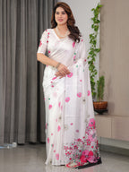White Satin Georgette Floral Printed Saree with Pink Blossom Border & Attached Blouse – Elegant Lightweight Designer Drape