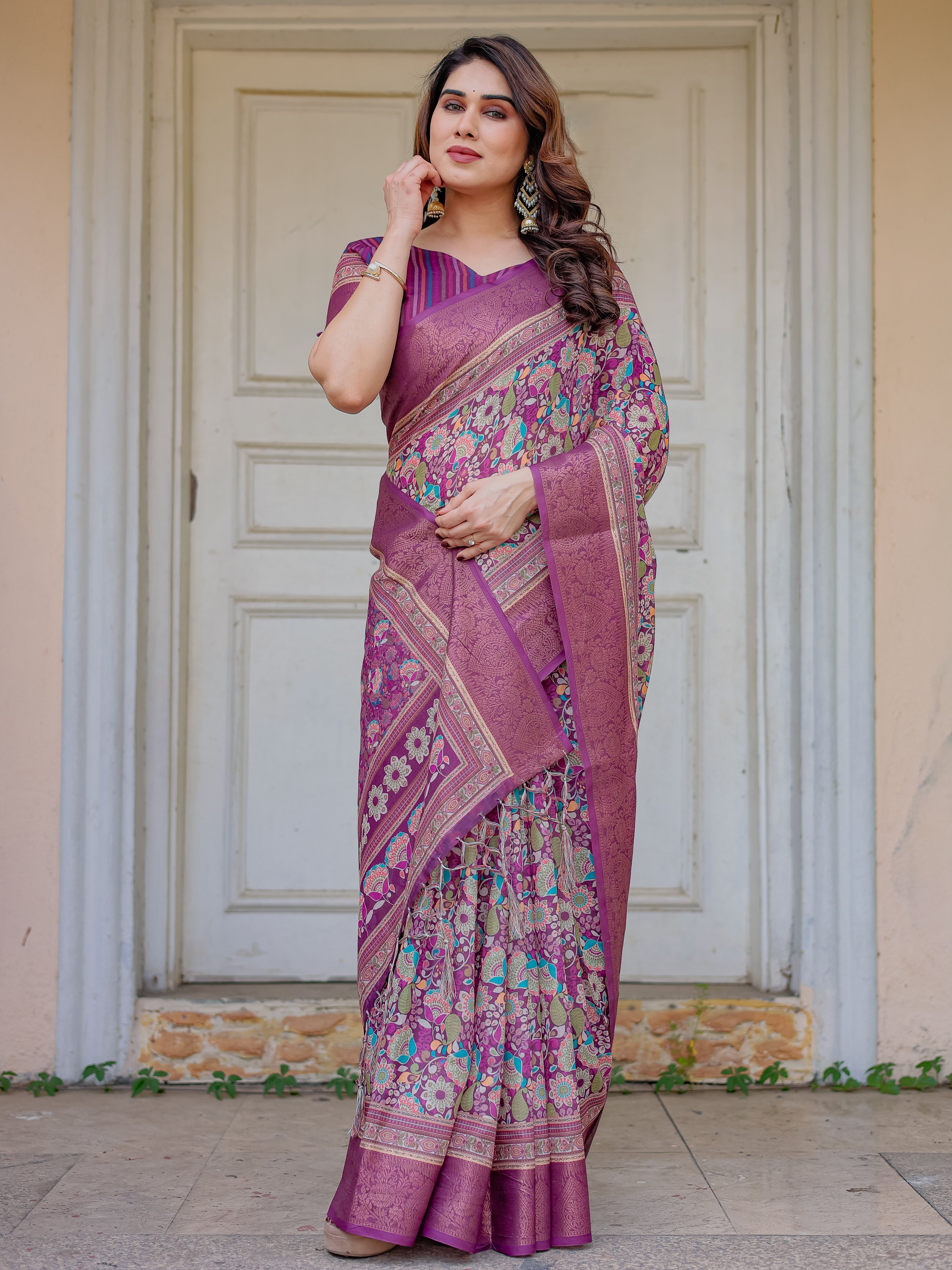 Wine Purple Multicolor Floral Woven Saree with Antique Zari Border & Rich Designer Pallu – Festive Ethnic Wear