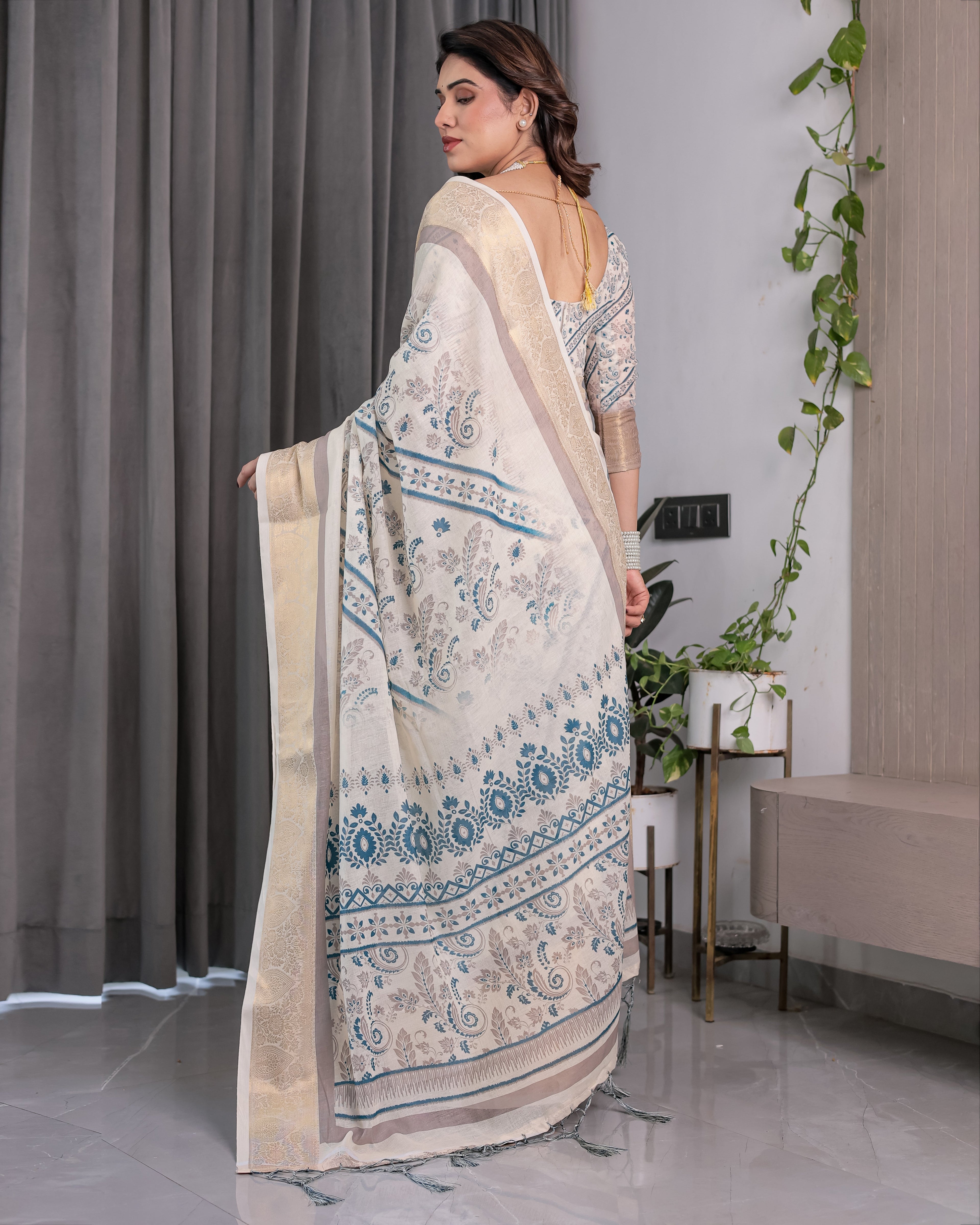 Ivory Beige Handloom Linen Saree with Teal Floral Buta & Paisley Border | Elegant Ethnic Printed Pallu & Zari Highlights | 5.5m Saree + 0.8m Blouse