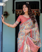 Rust Beige Handloom Cotton Saree with Vibrant Elephant Parade Print & Red Floral Pallu