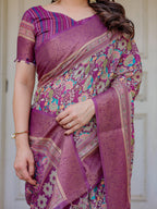 Wine Purple Multicolor Floral Woven Saree with Antique Zari Border & Rich Designer Pallu – Festive Ethnic Wear
