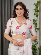White Satin Georgette Floral Printed Saree with Pink Blossom Border & Attached Blouse – Elegant Lightweight Designer Drape