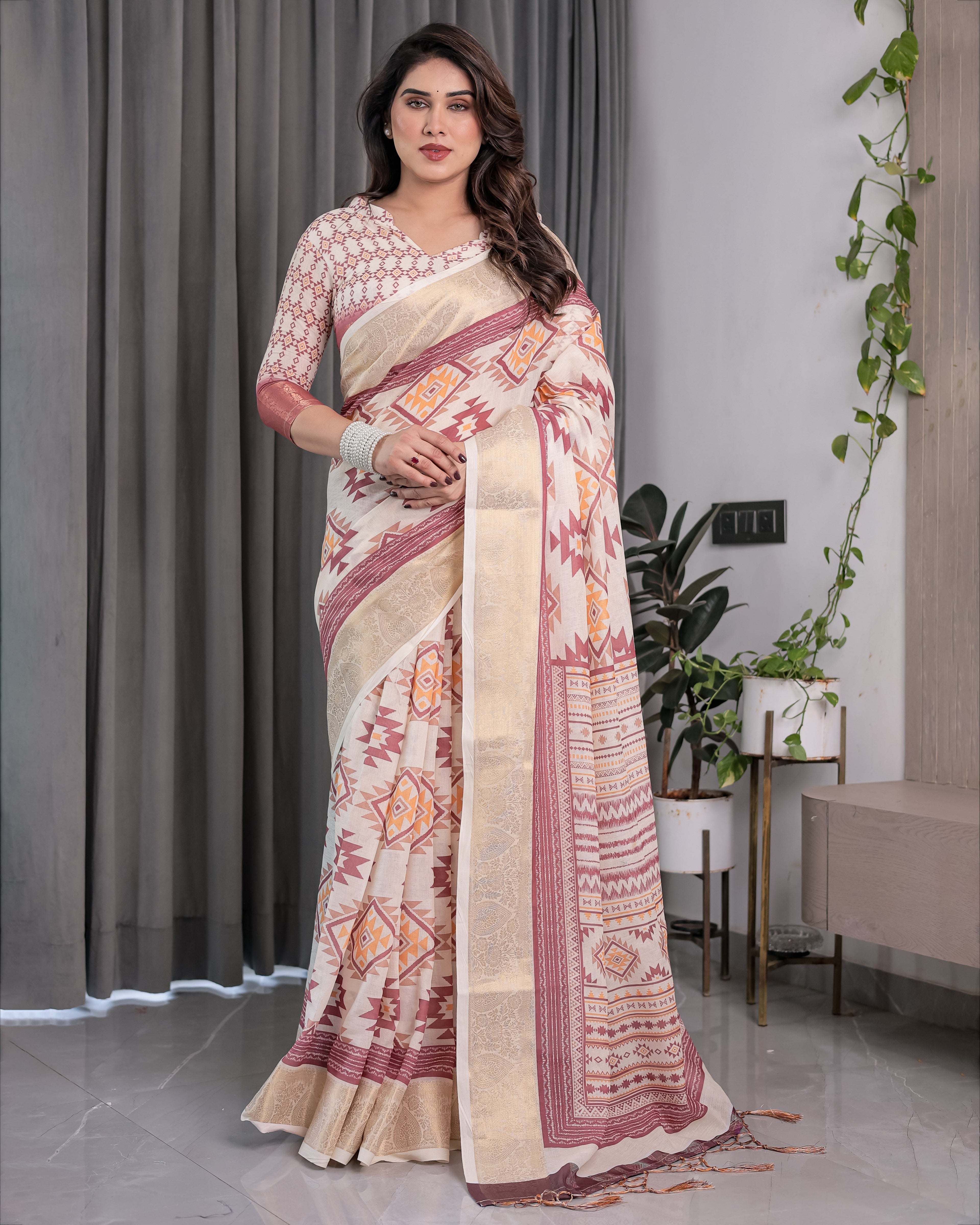 Beige Handloom Linen Saree with Maroon Tribal Geometric Digital Print & Zari Border | Festive Drape | 5.5m Saree + 0.8m Blouse