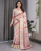 Beige Handloom Linen Saree with Maroon Tribal Geometric Digital Print & Zari Border | Festive Drape | 5.5m Saree + 0.8m Blouse