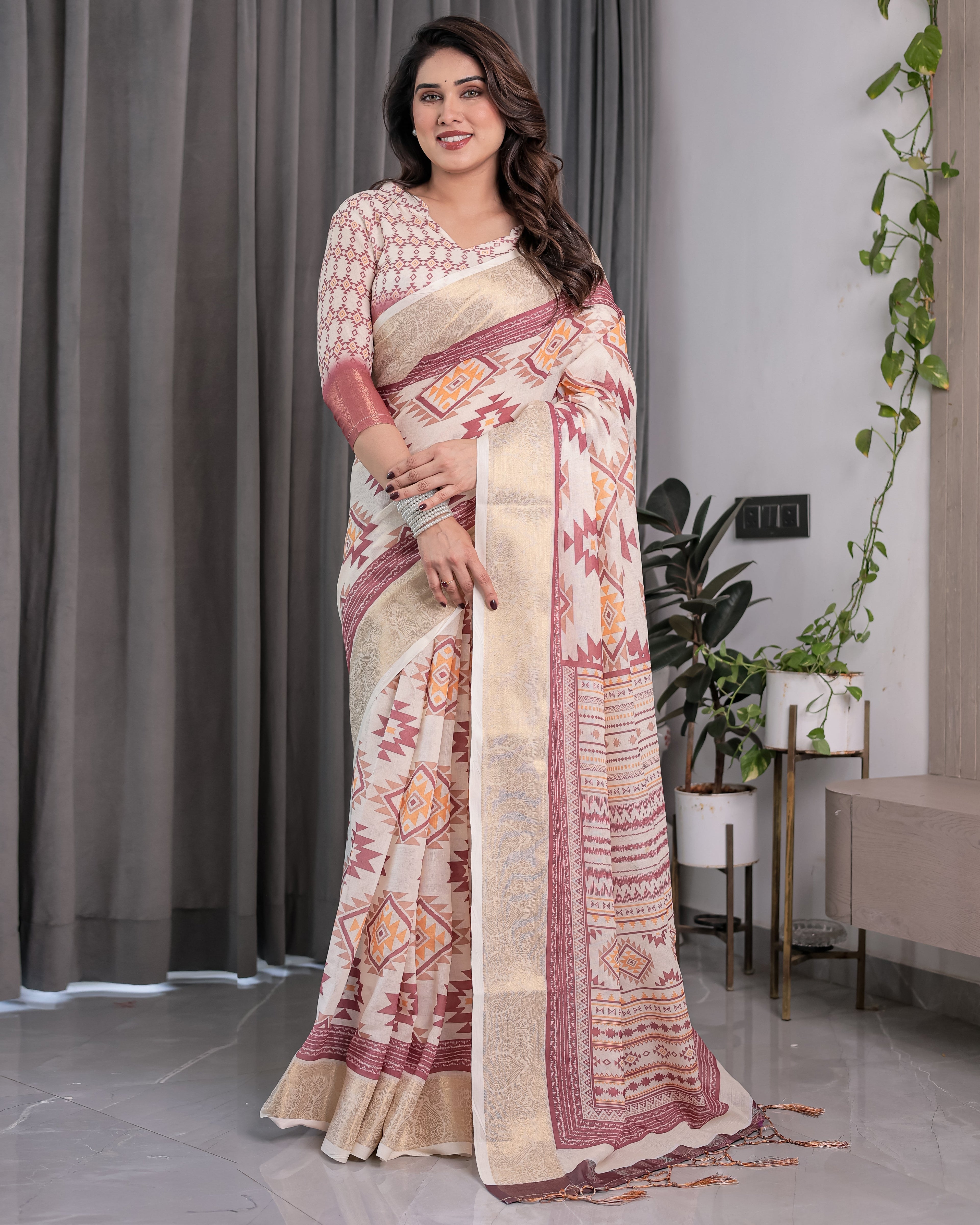 Beige Handloom Linen Saree with Maroon Tribal Geometric Digital Print & Zari Border | Festive Drape | 5.5m Saree + 0.8m Blouse