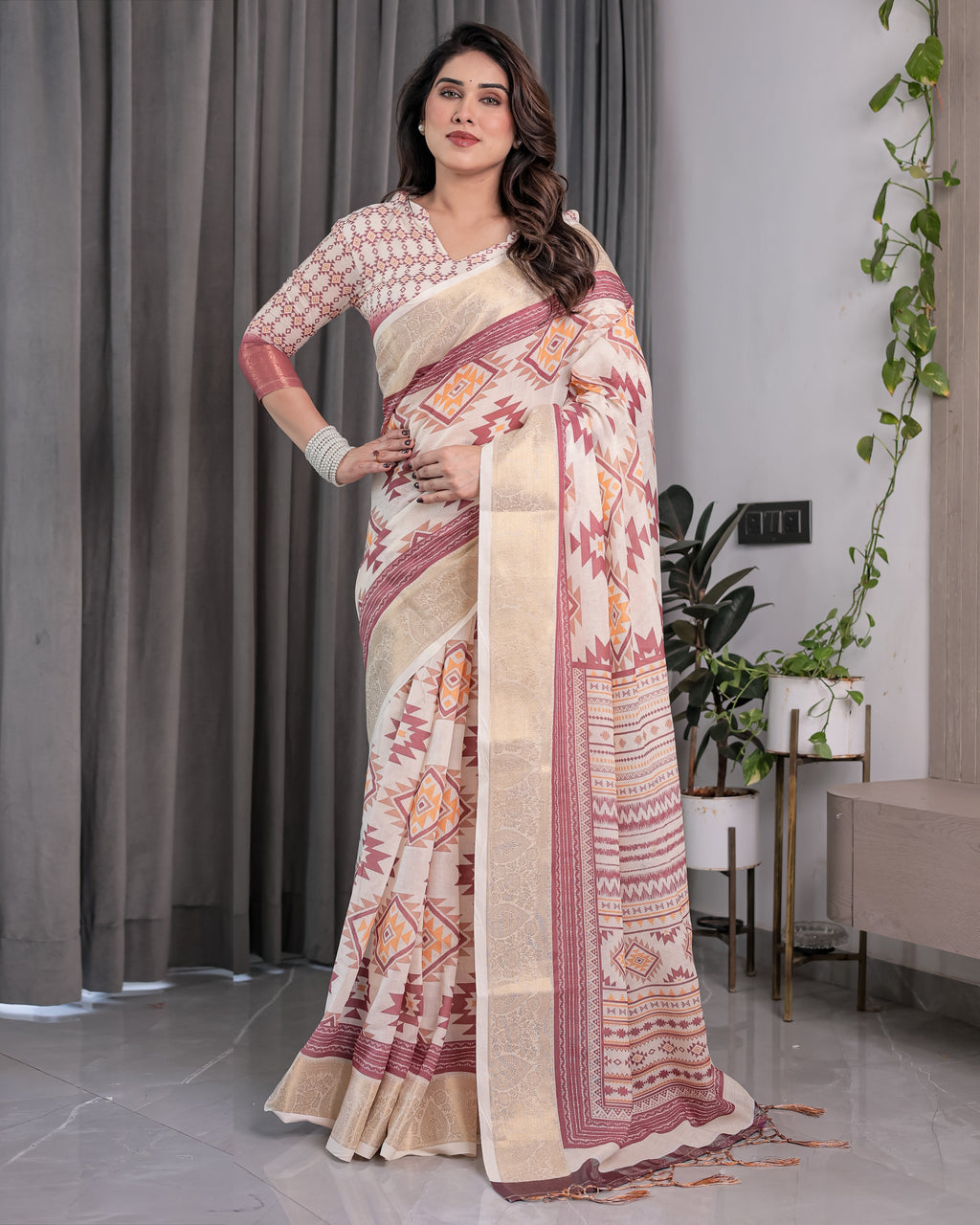 Beige Handloom Linen Saree with Maroon Tribal Geometric Digital Print & Zari Border | Festive Drape | 5.5m Saree + 0.8m Blouse