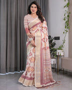 Beige Handloom Linen Saree with Maroon Tribal Geometric Digital Print & Zari Border | Festive Drape | 5.5m Saree + 0.8m Blouse