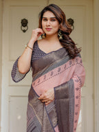 Blush Pink & Charcoal Grey Traditional Woven Saree with Antique Zari Border & Tassels – Elegant Festive Ethnic Wear