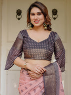 Blush Pink & Charcoal Grey Traditional Woven Saree with Antique Zari Border & Tassels – Elegant Festive Ethnic Wear