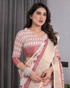 Beige Handloom Linen Saree with Maroon Tribal Geometric Digital Print & Zari Border | Festive Drape | 5.5m Saree + 0.8m Blouse