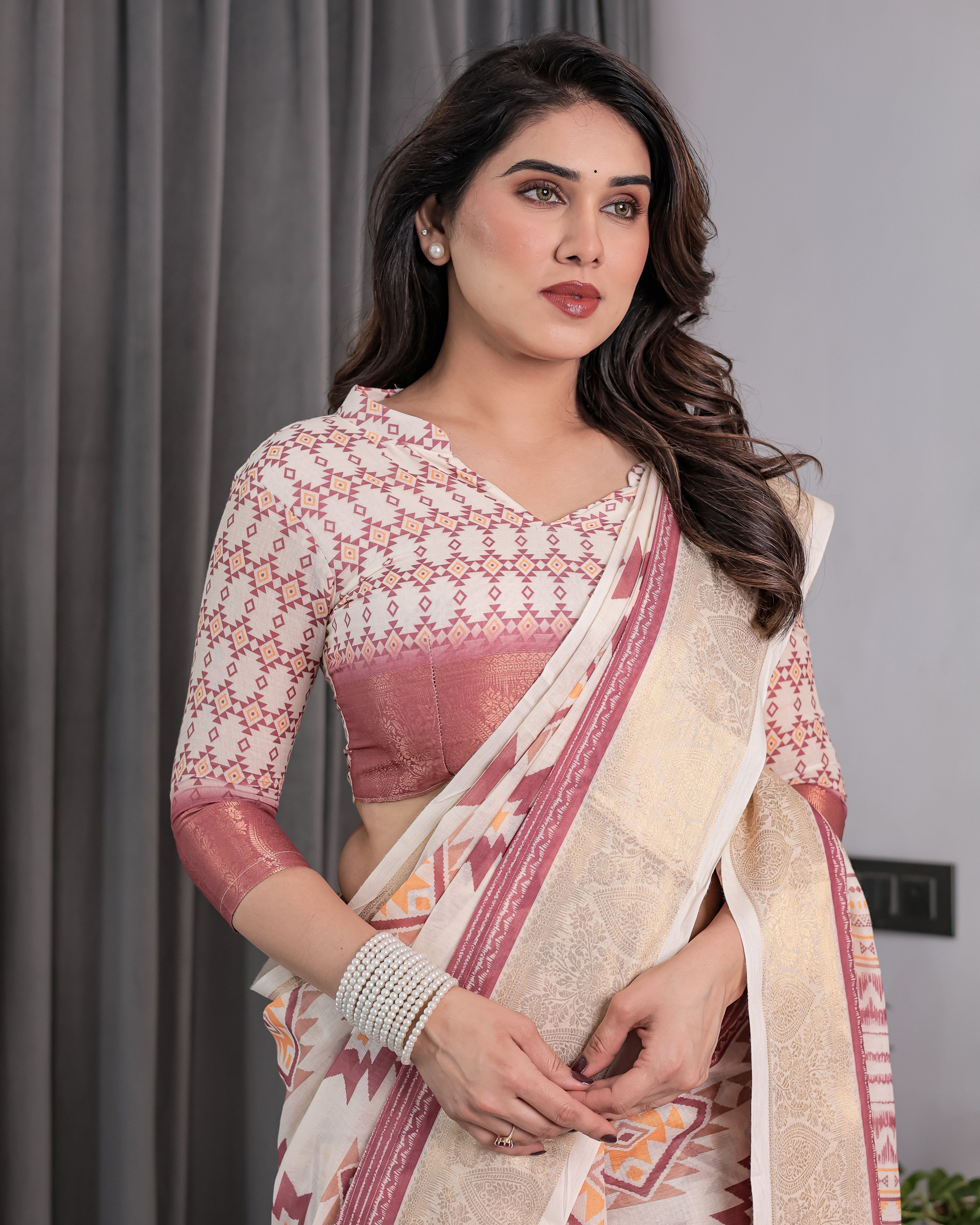 Beige Handloom Linen Saree with Maroon Tribal Geometric Digital Print & Zari Border | Festive Drape | 5.5m Saree + 0.8m Blouse