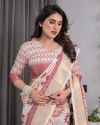 Beige Handloom Linen Saree with Maroon Tribal Geometric Digital Print & Zari Border | Festive Drape | 5.5m Saree + 0.8m Blouse