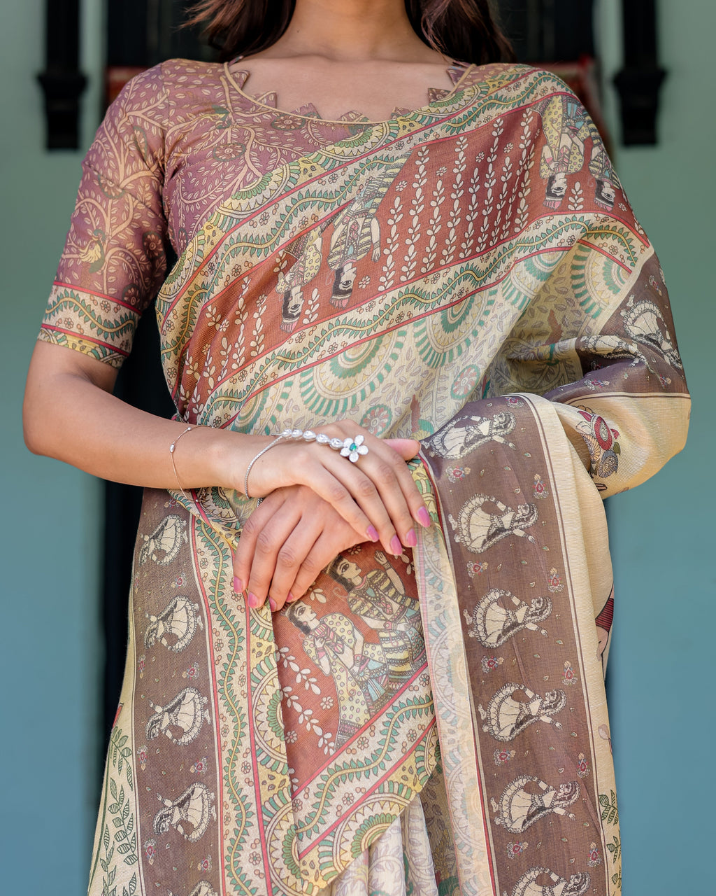 Ivory Brown Handloom Cotton Saree with Classical Dancer Motifs & Madhubani-Inspired Pallu
