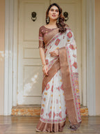 Ivory & Copper Brown Tribal Printed Saree with Rich Zari Border & Tassels – Ethnic Festive Wear