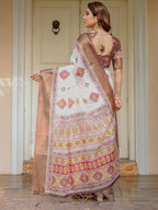 Ivory & Copper Brown Tribal Printed Saree with Rich Zari Border & Tassels – Ethnic Festive Wear