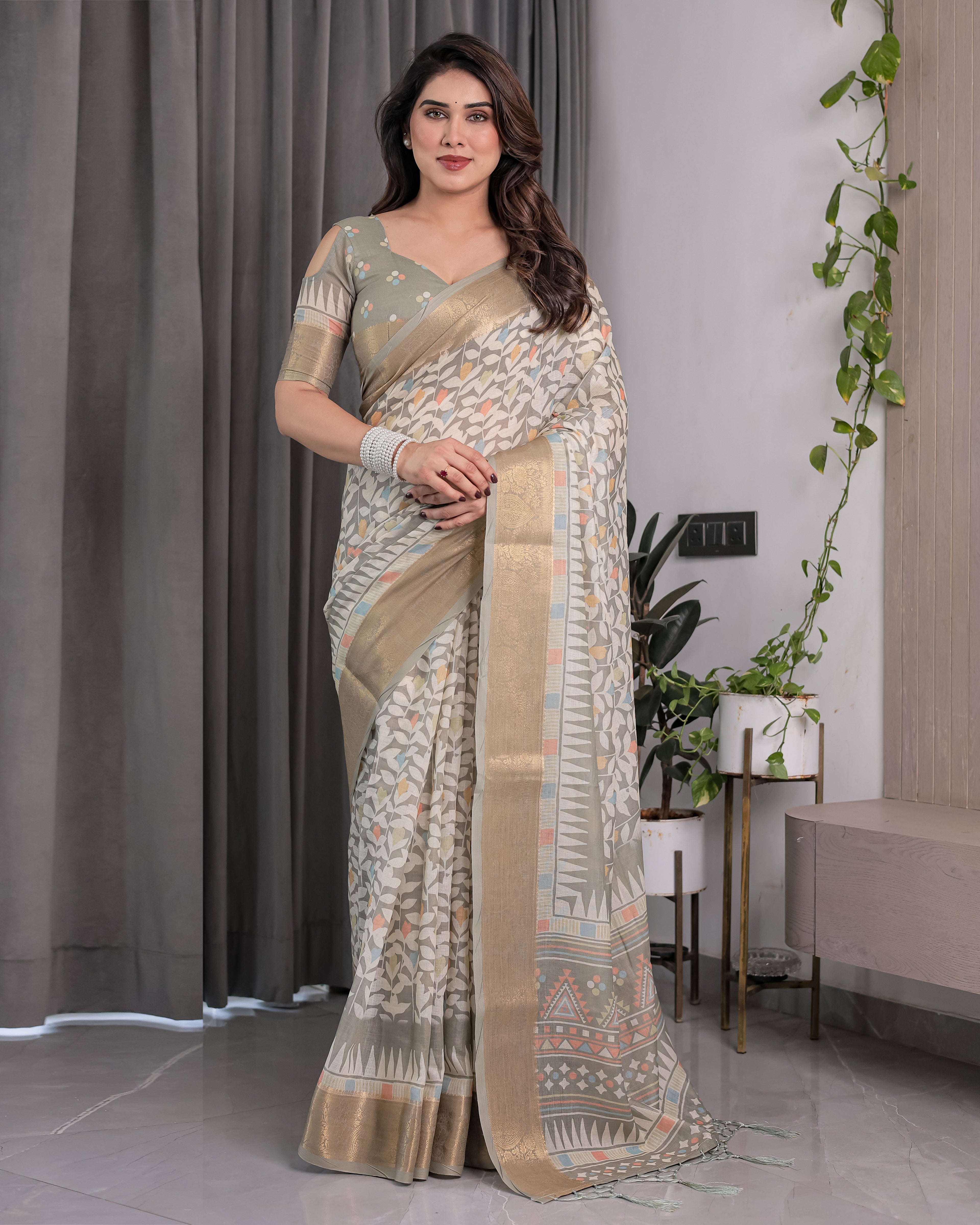 Ivory Beige Handloom Linen Saree with Multicolor Leaf Print & Tribal Geometric Pallu | Zari Border | 5.5m Saree + 0.8m Blouse with Tassels