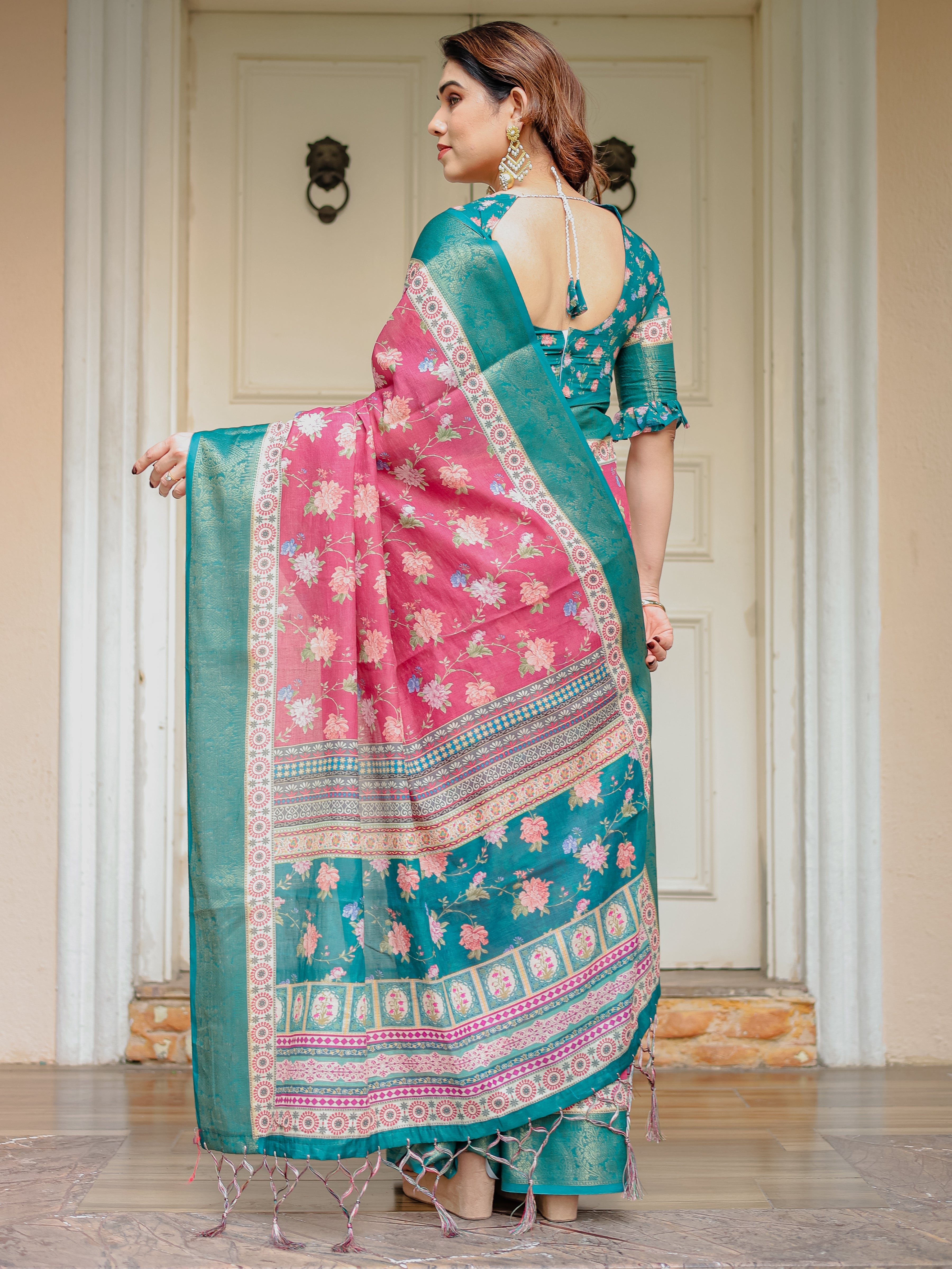 Rani Pink & Teal Green Floral Printed Saree with Rich Zari Border & Tassels – Festive Traditional Wear